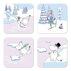 Moomin glasonderzetter winter 2022 9x9 cm 4-pack, Blauw-wit-roze