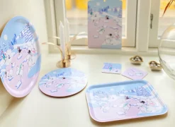 Moomin glasonderzetter winter 2022 9x9 cm 4-pack, Blauw-wit-roze