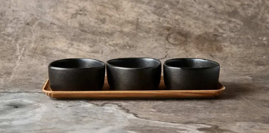 Raw Organic kommenset met houten plateau, Titanium Black