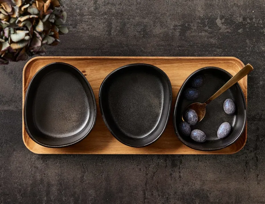 Raw Organic kommenset met houten plateau, Titanium Black