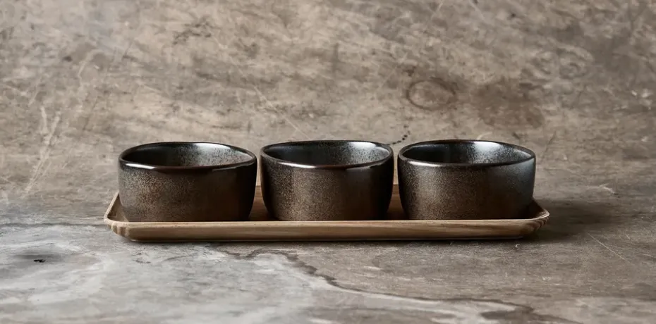 Raw Organic kommenset met houten plateau, Metallic Brown