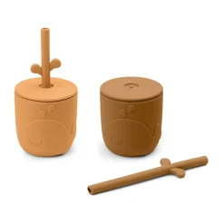 Wally beker met peekaboo rietje 2-pack, Mosterd